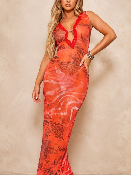 PrettyLittleThing Dresses & Skirts - PrettyLittleThing Red Sheer Mesh Maxi Dress Cover Up